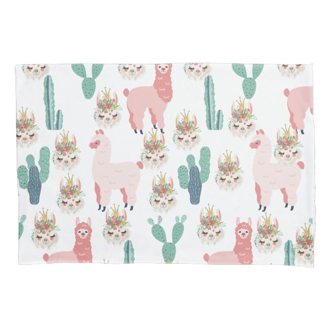 Housse D'oreillers Jolis Llamas roses et Cactus vert (devant)