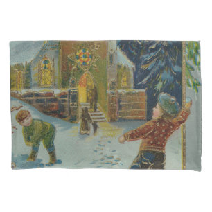 Housse D'oreillers Joyeux Noël - Carte postale vintage de bataille de