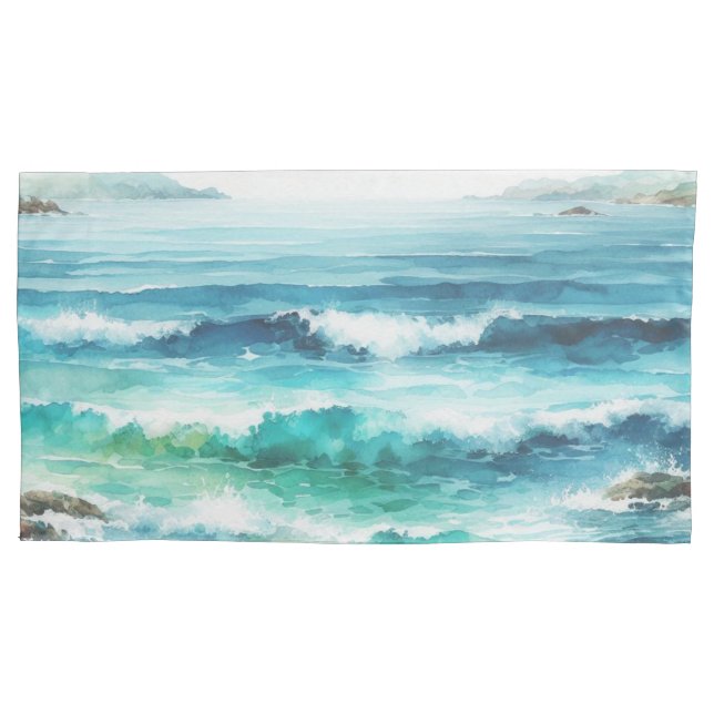 Housse D'oreillers King Coussin Coque Ocean Waves Beach Aquarelle (devant-gauche)