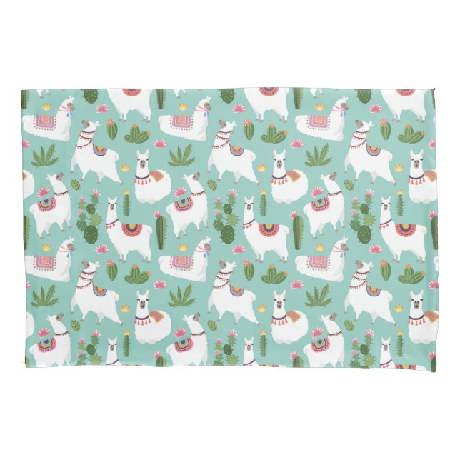 Housse D'oreillers Lamas mignons sur le motif turquoise (devant-gauche)