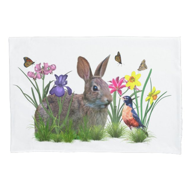 Housse D'oreillers Lapin, Robin, et fleurs, personnalisables (devant-gauche)