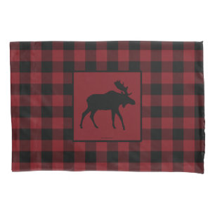 Housse D'oreillers Les orignaux silhouettent le plaid noir rouge