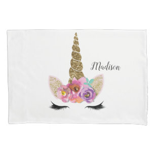 Housse D'oreillers Licorne Florale Paillettes Dorées Fille Pailletée