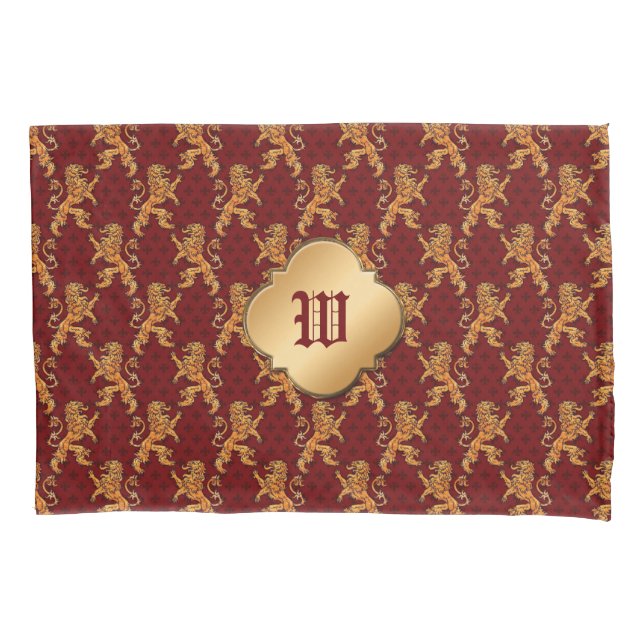 Housse D'oreillers Lion médiéval Red Fleur de Lis d'or (devant)