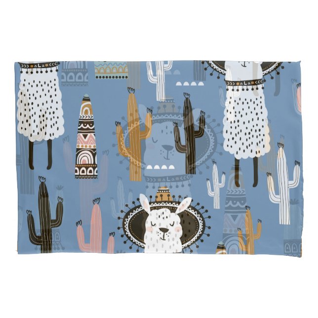 Housse D'oreillers Llama, Cactus, Motif d'éléments à main. (devant)
