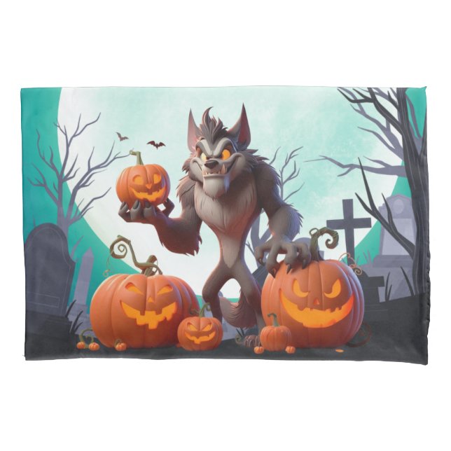 Housse D'oreillers Loup-garou d'Halloween et citrouilles (devant)