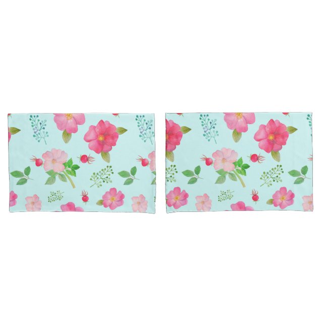 Housse D'oreillers Lovely Wild Roses et Rose Hips Motif aquarelle (devant-Set)