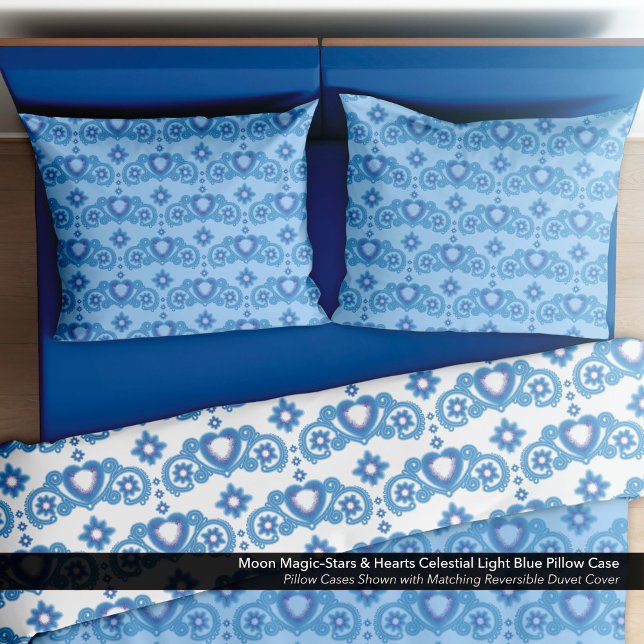 Housse D'oreillers Lune Magic Stars Coeurs Céleste Bleu clair (Moon Magic–Stars & Hearts Light Blue Pillow Case–Shown with the Matching Reversible Duvet Cover.)