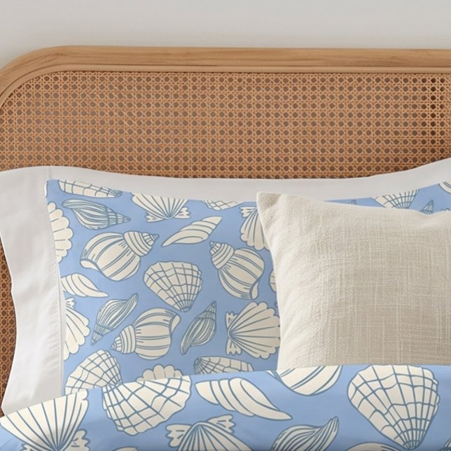 Housse D'oreillers Maison de plage côtière bleue coquillage (Créateur téléchargé)