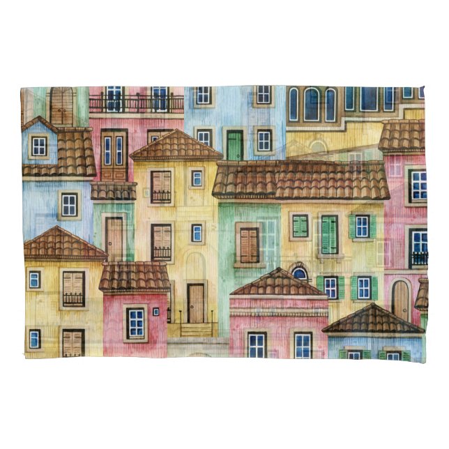 Housse D'oreillers Maisons de Lisbonne : Aquarelle Motif funiculaire. (devant)