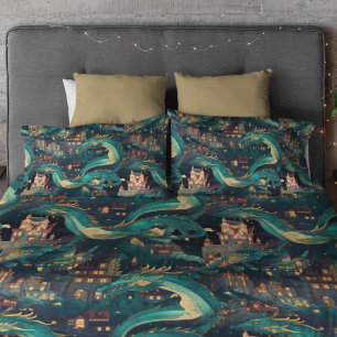 Housse D'oreillers Majestic Turquoise Dragons et Village
