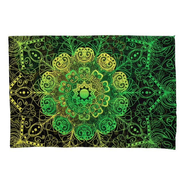 Housse D'oreillers Mandala Art : Green Yellow Detail. (devant)