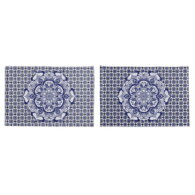 Housse D'oreillers Mandala de créature bleue et blanche (Dos-Set)