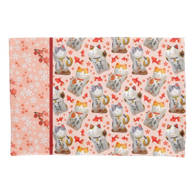 Housse D'oreillers Maneki Neko Japonais agitant Lucky Chat avec Koi (devant-gauche)