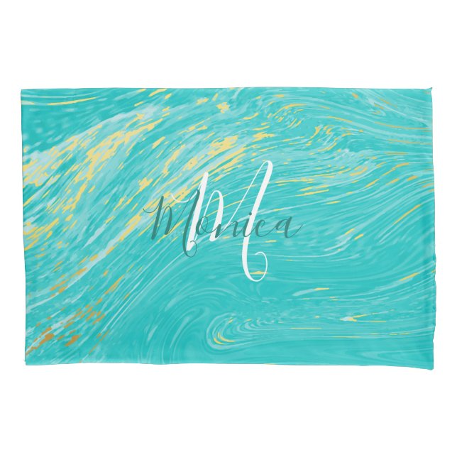 Housse D'oreillers Marbre Beau Or Bleu Élégant Mongramme (devant)