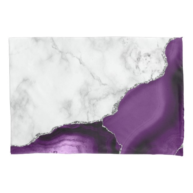 Housse D'oreillers Marbre Blanc Agate Violette Paillettes Argentées (devant)