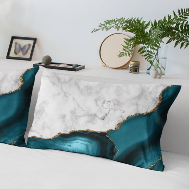 Housse D'oreillers Marbre blanc doré Turquoise Bleu Agate (Créateur téléchargé)