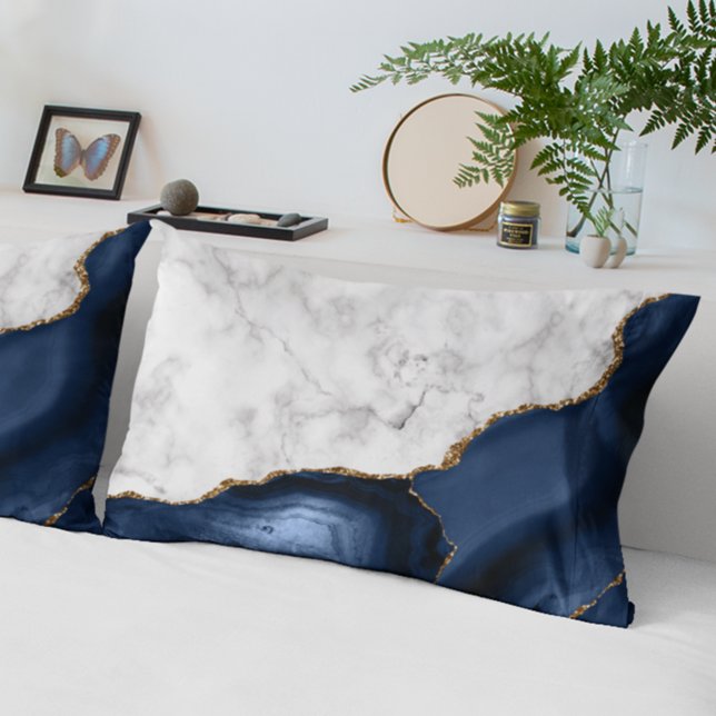 Housse D'oreillers Marbre blanc Gilded Marine Blue Agate (Créateur téléchargé)