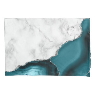 Housse D'oreillers Marbre blanc Turquoise Blue Agate Argent