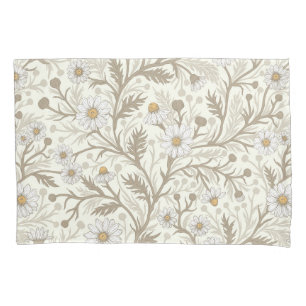 Housse D'oreillers Marguerites en blanc et marron sur fond blanc cass