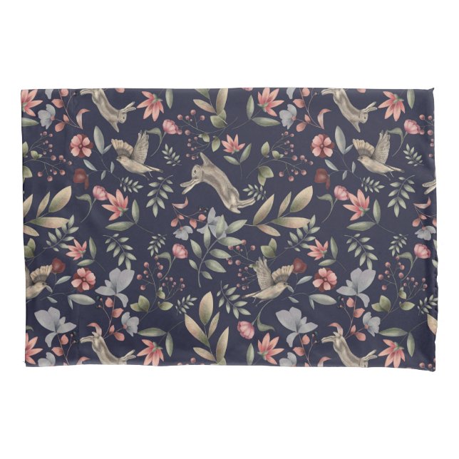 Housse D'oreillers Marine Blue Woodland Animaux Floral Feuille Motif (devant)