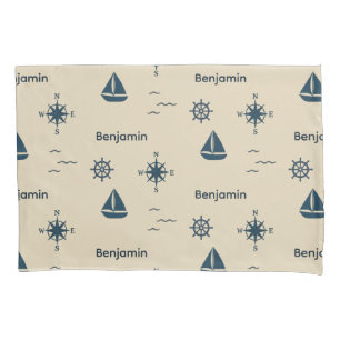 Housse D'oreillers Marine Motif nautique Ancre Voilier Compas Nom