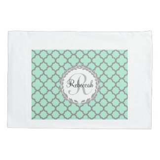 Housse D'oreillers Mint Green Grey Quatrefoil Nom Monogramme Laurel