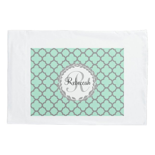 Housse D'oreillers Mint Green Grey Quatrefoil Nom Monogramme Laurel (Dos)