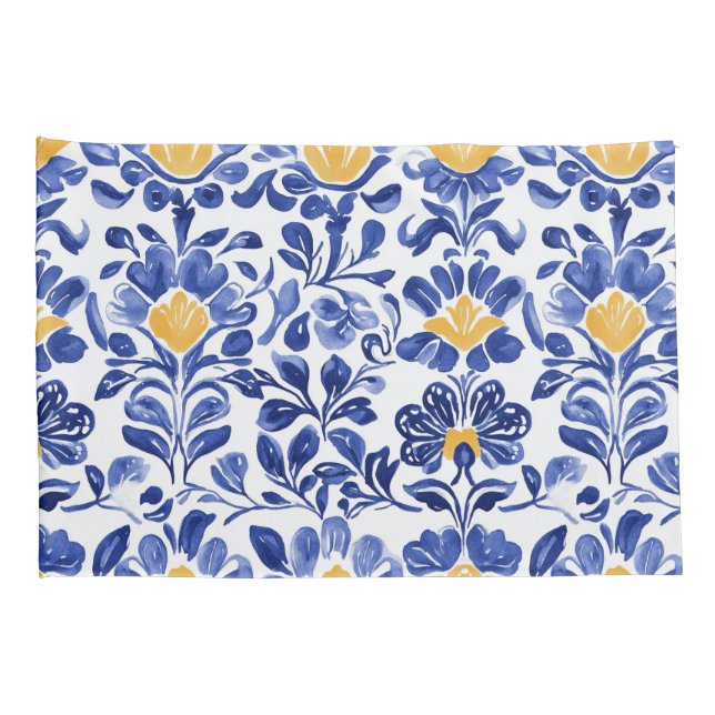 Housse D'oreillers Modèle Floral Bleu & Or Méditerranéen (Dos-Droit)