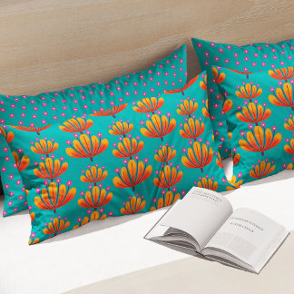 Housse D'oreillers Modern Floral Pattern in Turquoise and Orange