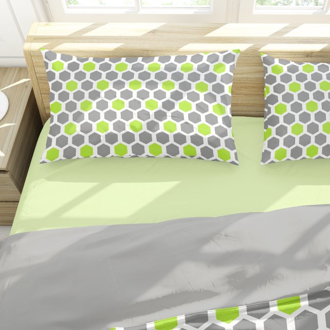 Housse D'oreillers Modern Lime Green Gray Hexagon Geometric Pattern (Créateur téléchargé)