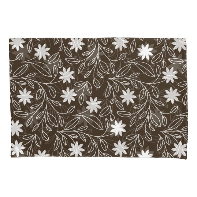 Housse D'oreillers Moderne feuille de fleurs blanches Mocha Brown (devant-gauche)