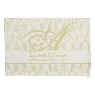 Housse D'oreillers Monogram Gold ArtDeco Newlyweds Mariage Élégant