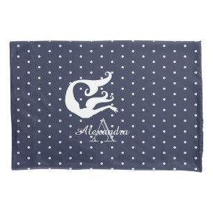 Housse D'oreillers monogramme blanc sirène sur bleu marine