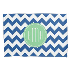 Housse D'oreillers Monogramme bleu et blanc Chevron Motif géométrique