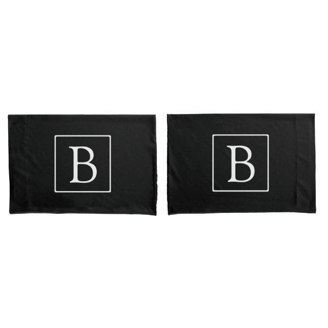 Housse D'oreillers Monogramme Classique Simple | Noir avec Texte Blan (devant-Set)