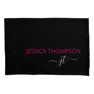 Housse D'oreillers Monogramme de nom de script simple rose noir moder