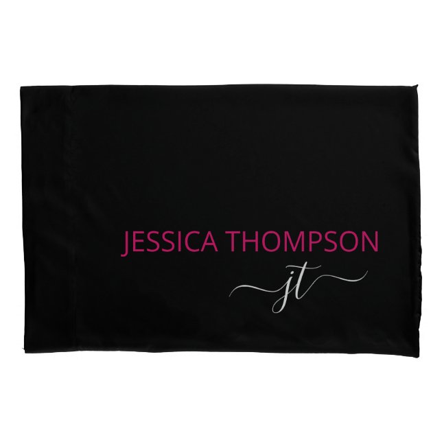 Housse D'oreillers Monogramme de nom de script simple rose noir moder (devant)