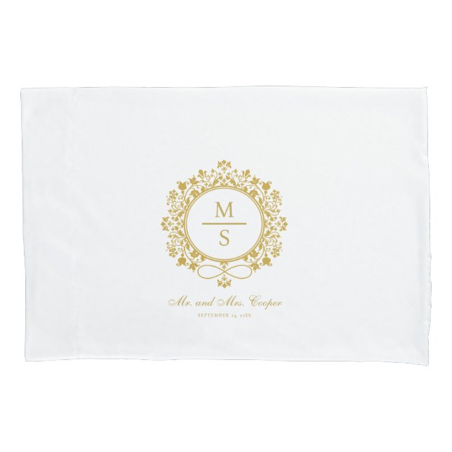Housse D'oreillers Monogramme doré Mariage Blanc et or (devant)