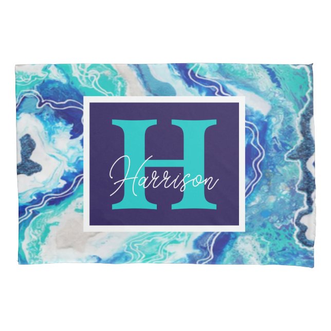 Housse D'oreillers Monogramme en marbre bleu et turquoise Nom plage (devant)