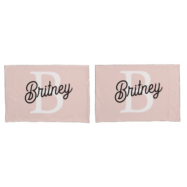 Housse D'oreillers Monogramme et nom personnalisé moderne Pastel Pink (devant-Set)