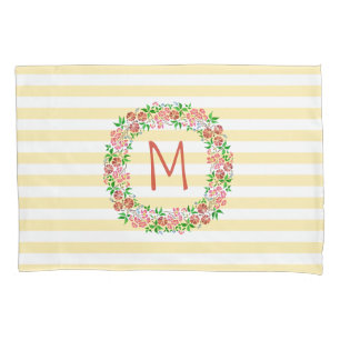 Housse D'oreillers Monogramme Floral Wreath Aquarelle rayures Jolie
