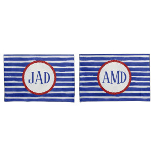 Housse D'oreillers Monogramme marin Aquarelle à rayures bleues