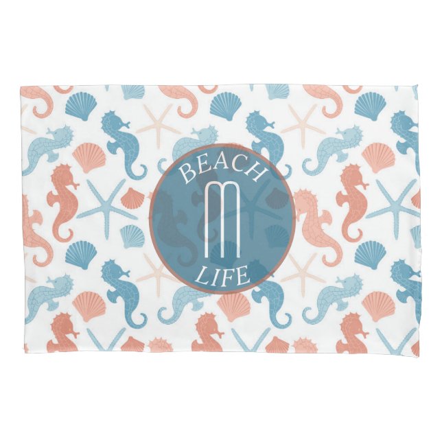 Housse D'oreillers Monogramme marin bleu corail (devant)