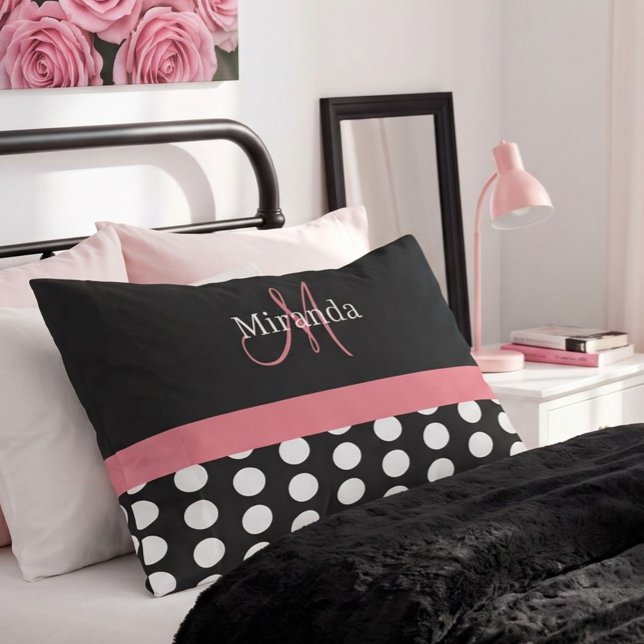 Housse D'oreillers Monogramme noir blanc rose écriture points Std (Créateur téléchargé)