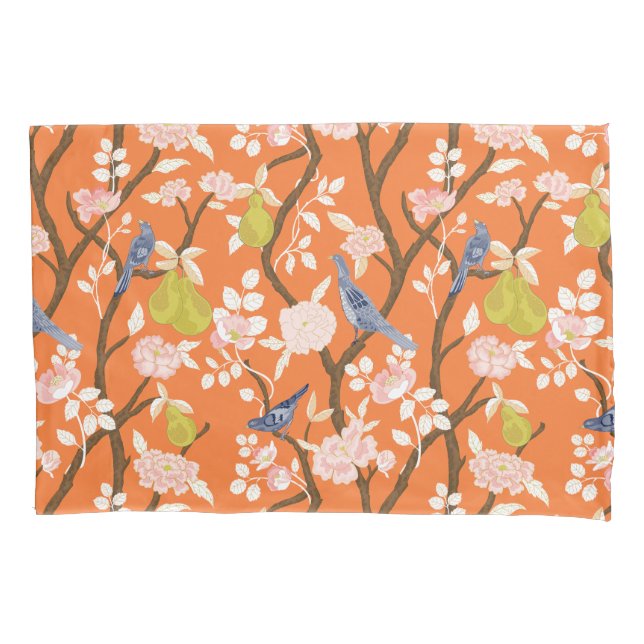 Housse D'oreillers Monogramme orangé et bleu de la Chinoiserie Oiseau (devant)