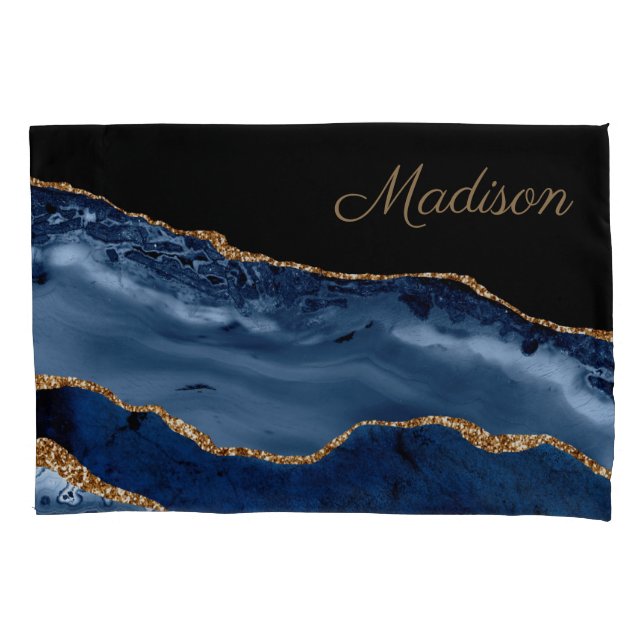 Housse D'oreillers Monogramme Pailleté Marbre Bleu Nuit Or Moderne (devant)