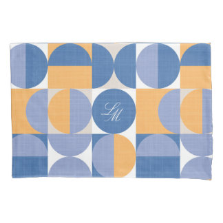 Housse D'oreillers Monogramme Rétro Bleu Jaune Cercles Milieu de Sièc