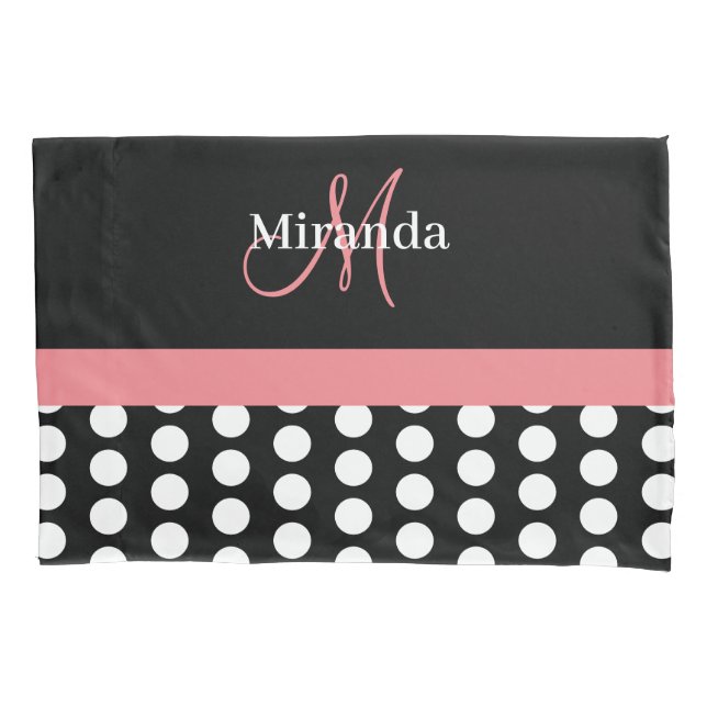 Housse D'oreillers Monogramme rose noir Polka Dot Std (devant)
