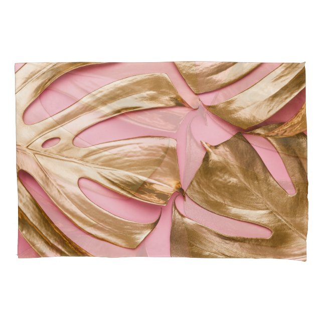 Housse D'oreillers Monstera d'or Feuilles : Pastel Pink. (devant)